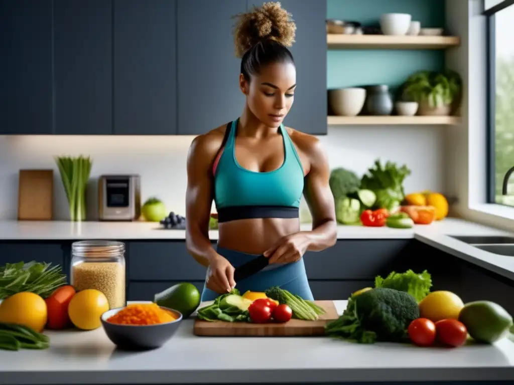 Una atleta femenina preparando una comida equilibrada en una cocina moderna, reflejando la nutrición deportiva para mujeres.