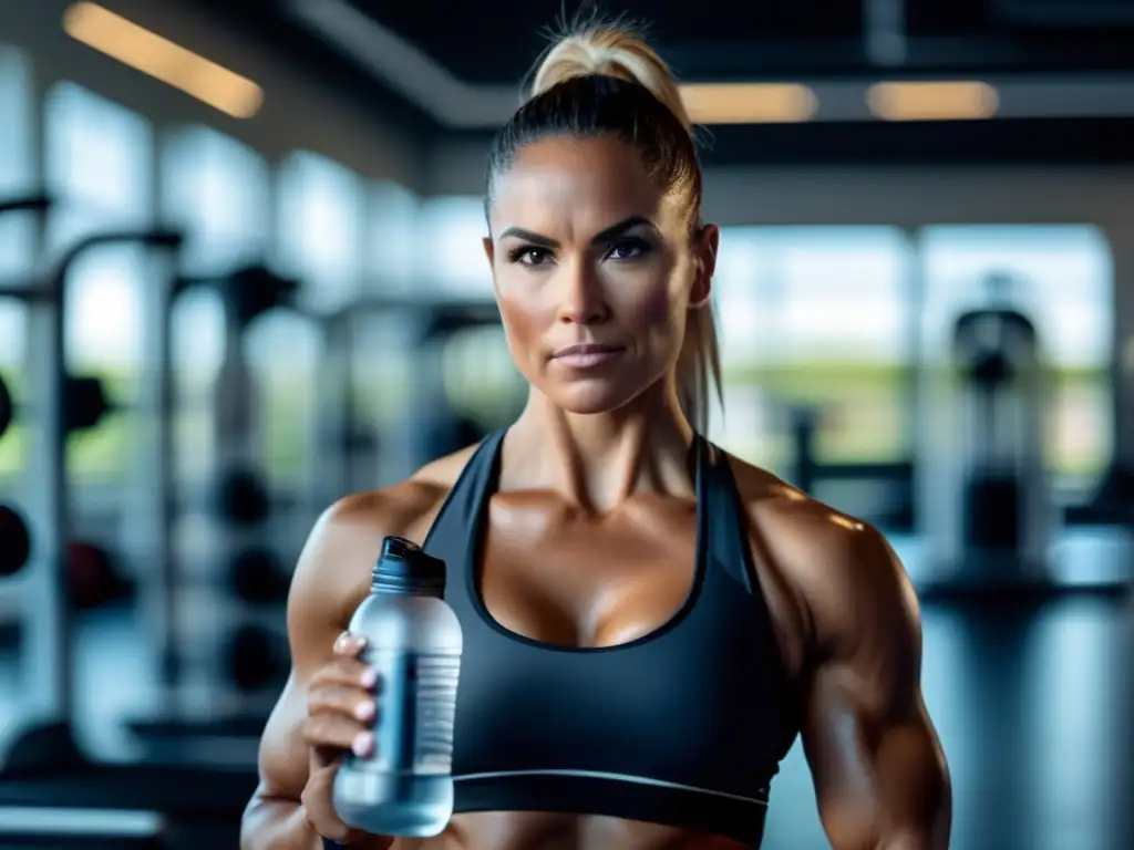 Una atleta en un gimnasio moderno, sosteniendo suplementos de hierro y agua, reflejando determinación y enfoque. <b>Suplementación deportistas anemia hierro.