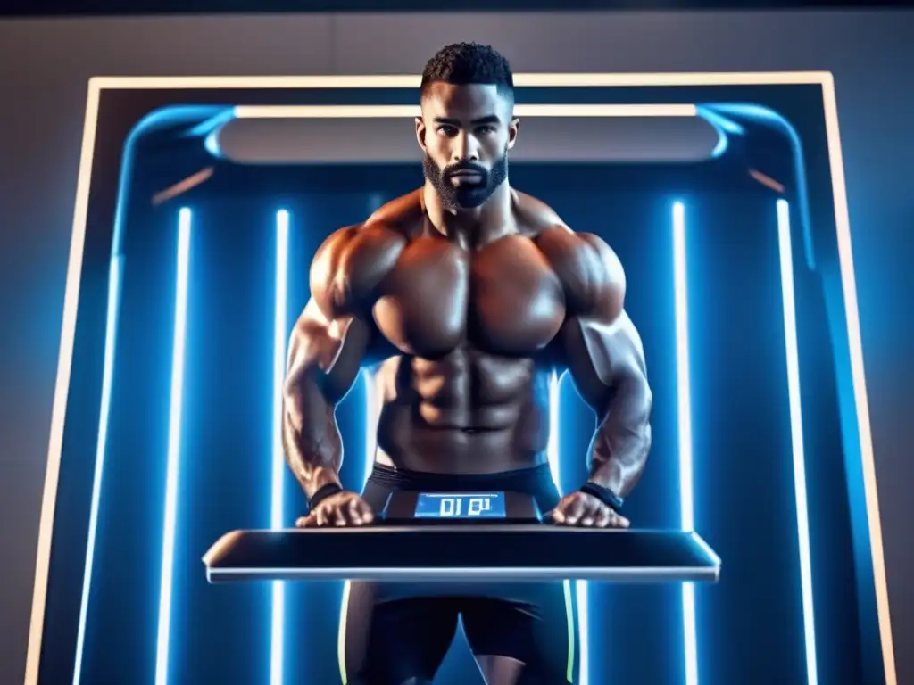 Un atleta masculino en una escala de composición corporal de alta tecnología en un gimnasio moderno, mostrando determinación y disciplina. <b>El ambiente futurista destaca el control de peso en deportes.