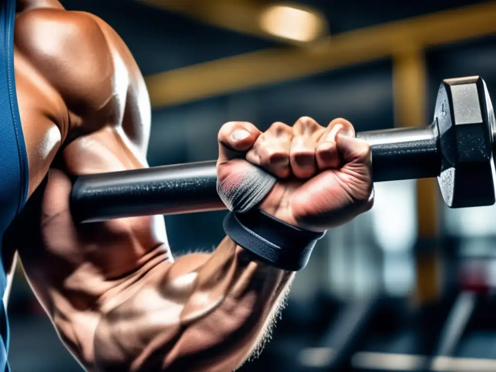 'Un atleta musculoso sostiene una barra de pesas, sus venas resaltan y el sudor brilla, mostrando los beneficios de la creatina monohidratada.'