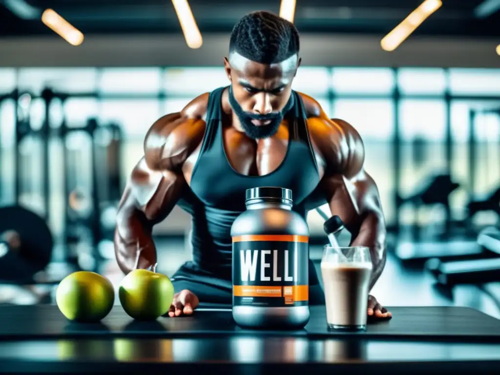 Un atleta levanta pesas en un gimnasio moderno, con un suplemento de proteína y una comida saludable a su lado. <b>Determinación y energía.