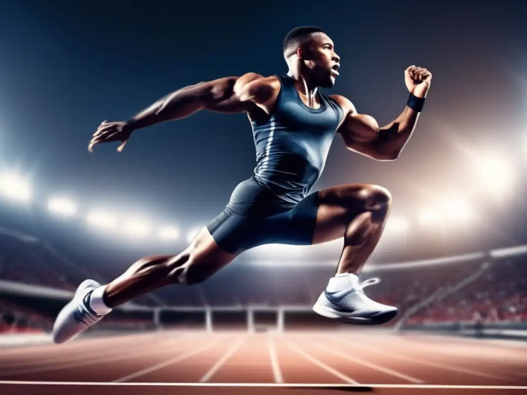Atleta saltando con determinación y potencia, luciendo ropa deportiva moderna. <b>Escena dinámica de competencia.</b> <b>Dieta para atletas de salto.