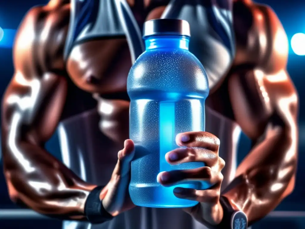 Un atleta profesional hidratándose con una botella de agua, resaltando sus músculos definidos. <b>El ambiente es moderno y dinámico, ideal para estrategias de consumo líquidos atletas.
