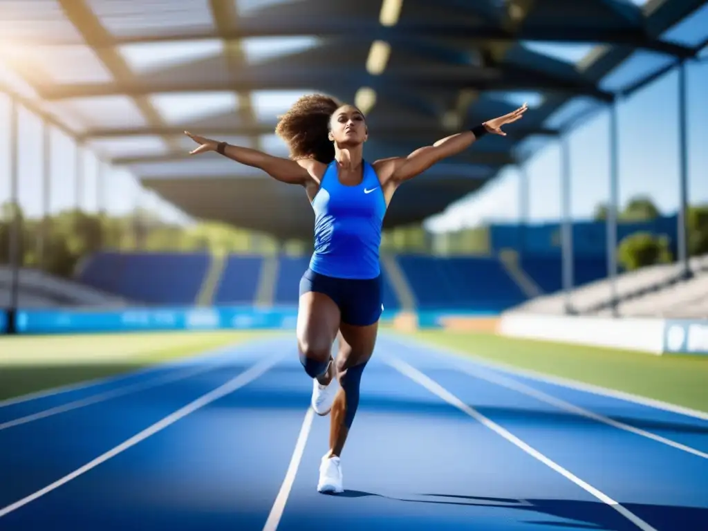 Un atleta profesional estira los brazos en una pista soleada, destacando su determinación y vitalidad. <b>Beneficios vitamina D atletas rendimiento.