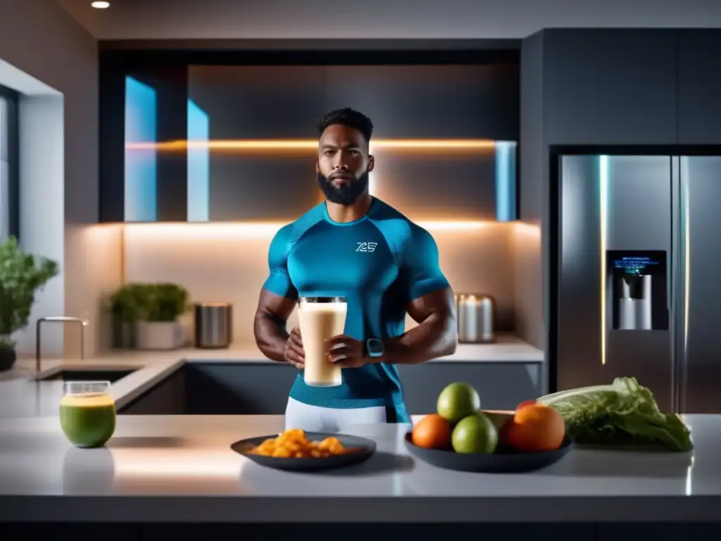 Un atleta profesional en una cocina futurista con Inteligencia Artificial en Nutrición Deportiva, rodeado de datos holográficos y planes de comidas personalizados.