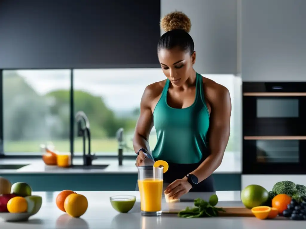 Un atleta profesional en una cocina moderna prepara un batido preentrenamiento con suplementos deportivos para mejorar rendimiento.