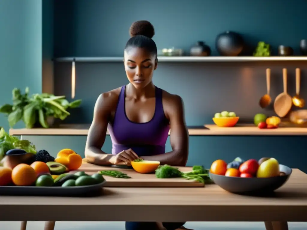 Un atleta profesional preparando una comida balanceada con alimentos coloridos y nutritivos en una mesa minimalista. <b>La iluminación suave resalta los ingredientes frescos.</b> Su postura irradia confianza y disciplina, capturando la esencia de la crononutrición deportiva para maximizar rendimiento.