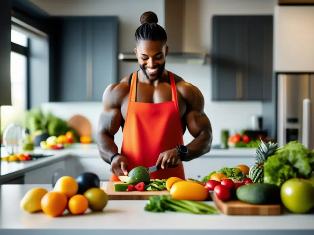 Un atleta profesional preparando una comida balanceada en una cocina moderna y luminosa. <b>Suplementación deportiva para mejorar rendimiento.