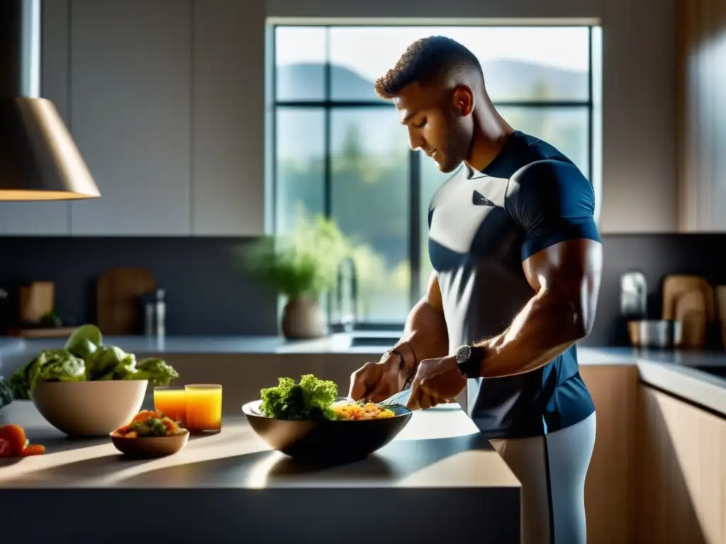 Un atleta profesional preparando una comida balanceada en una cocina moderna. <b>Crononutrición deportiva para maximizar rendimiento.