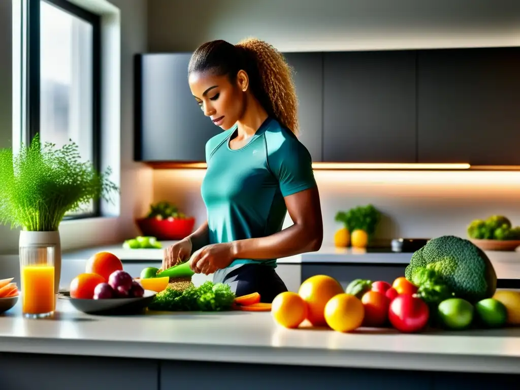 Un atleta profesional preparando una comida equilibrada en una cocina moderna y luminosa. <b>Crononutrición deportiva para maximizar rendimiento.