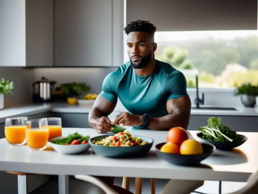 Un atleta profesional se prepara para una comida estratégica en una cocina luminosa y moderna. <b>Importancia del timing nutricional deportista.