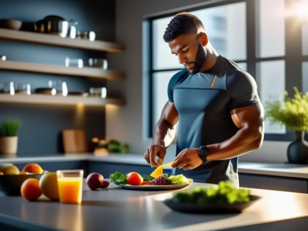 Un atleta profesional prepara con cuidado una comida balanceada en una cocina moderna y luminosa. <b>Crononutrición deportiva para maximizar rendimiento.