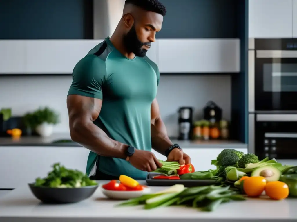 Un atleta profesional concentra en su dieta baja en carbohidratos mientras prepara un colorido y saludable platillo en una cocina moderna.