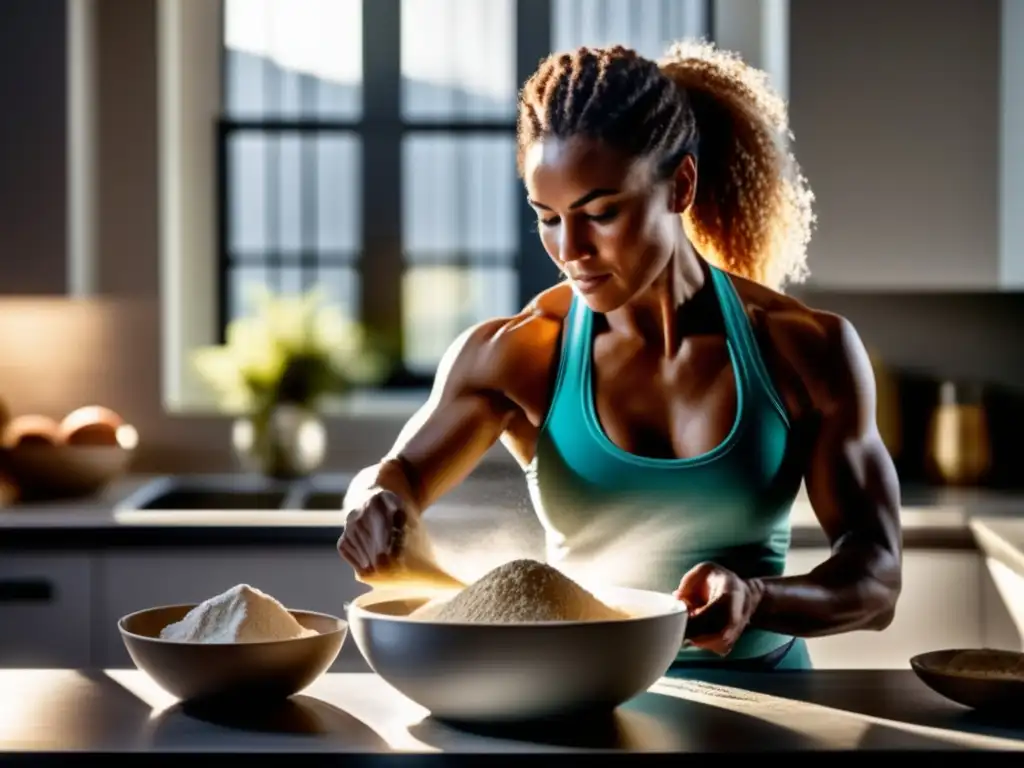 Una atleta profesional midiendo harina integral en la cocina, resaltando la importancia de los carbohidratos complejos en la dieta deportiva.