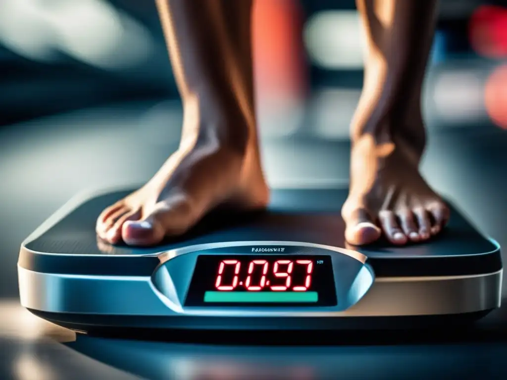 Un atleta profesional se pesa con intensidad en una balanza digital, mostrando el control de peso en deportes.