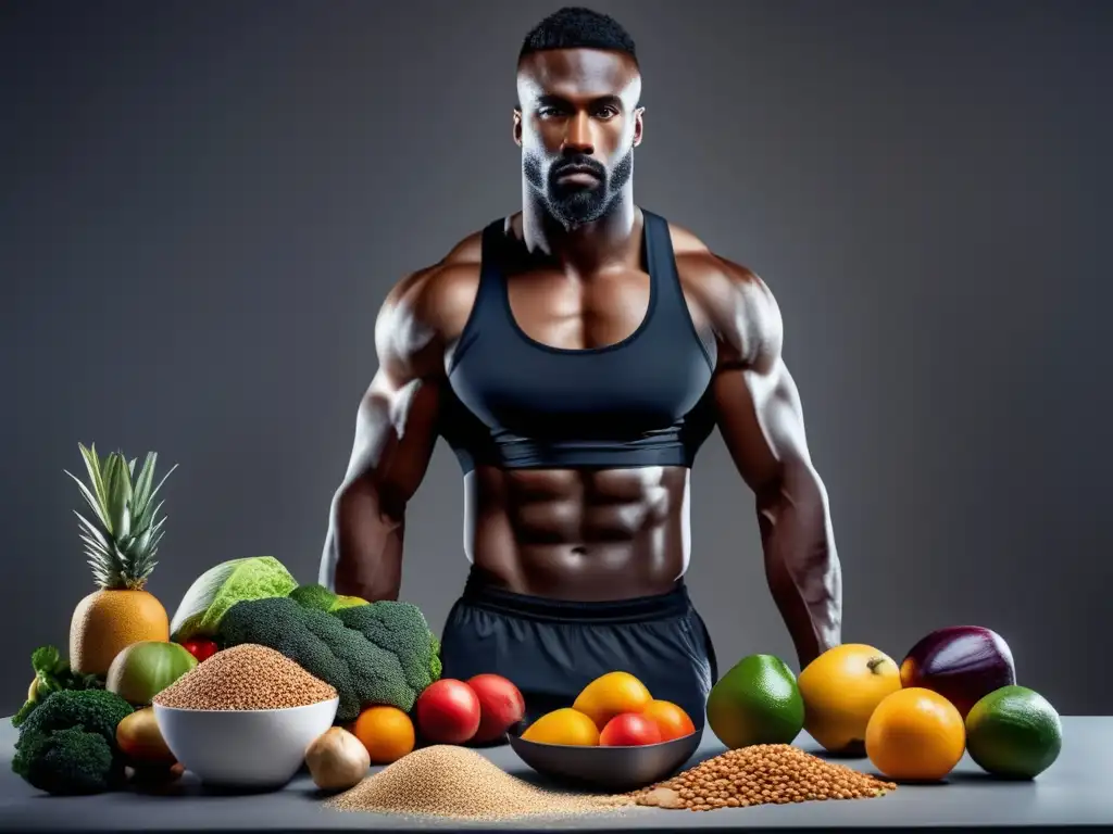 Un atleta profesional de pie con determinación, rodeado de alimentos energéticos. <b>Importancia de los carbohidratos complejos.