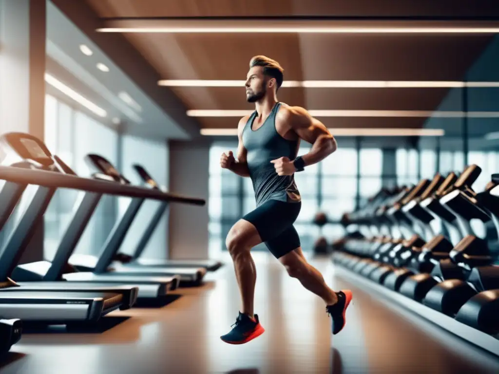 Un atleta profesional en plena acción, resalta su sistema cardiovascular y articulaciones. La intensidad y determinación se reflejan en su rostro y en su exigente entrenamiento en un moderno gimnasio. <b>El ambiente dinámico destaca la importancia de la salud cardiovascular y articular en el deporte.