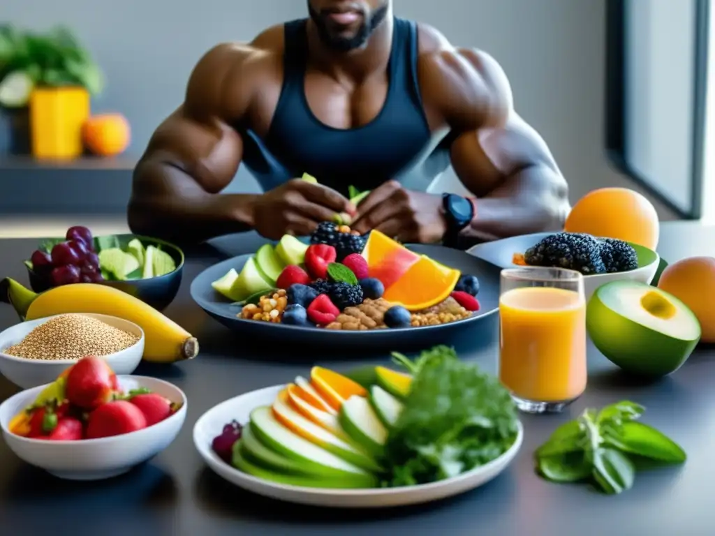 Un atleta profesional rodeado de nutricionistas y entrenadores, discutiendo una dieta para optimizar rendimiento deportivo con un plato de alimentos coloridos y nutritivos.