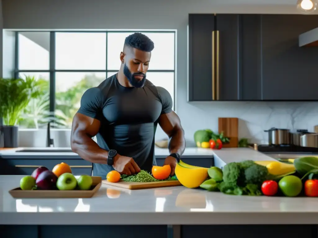 Un atleta profesional prepara un saludable y colorido plato vegano en una cocina moderna y luminosa. <b>Dieta vegana y rendimiento deportivo.