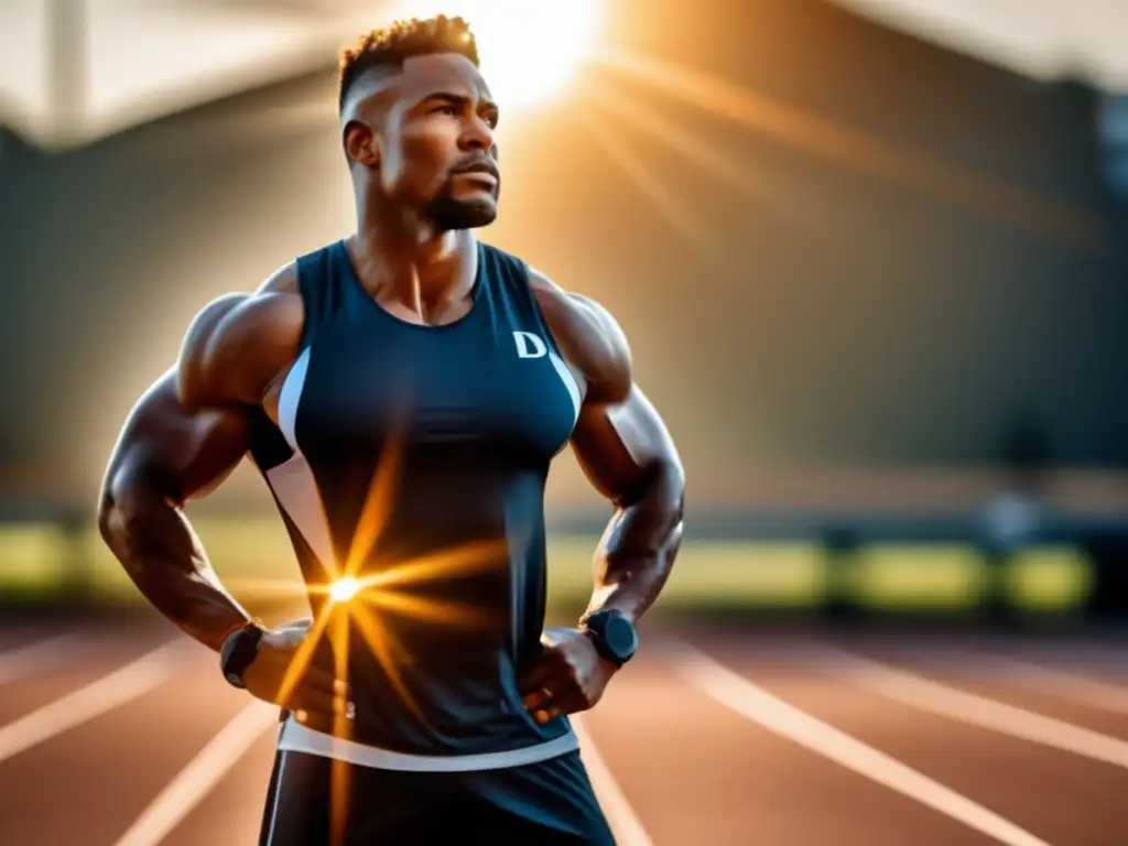 Un atleta profesional destaca bajo el sol, irradiando fuerza y determinación. Subraya la importancia de la vitamina D para el rendimiento atlético.