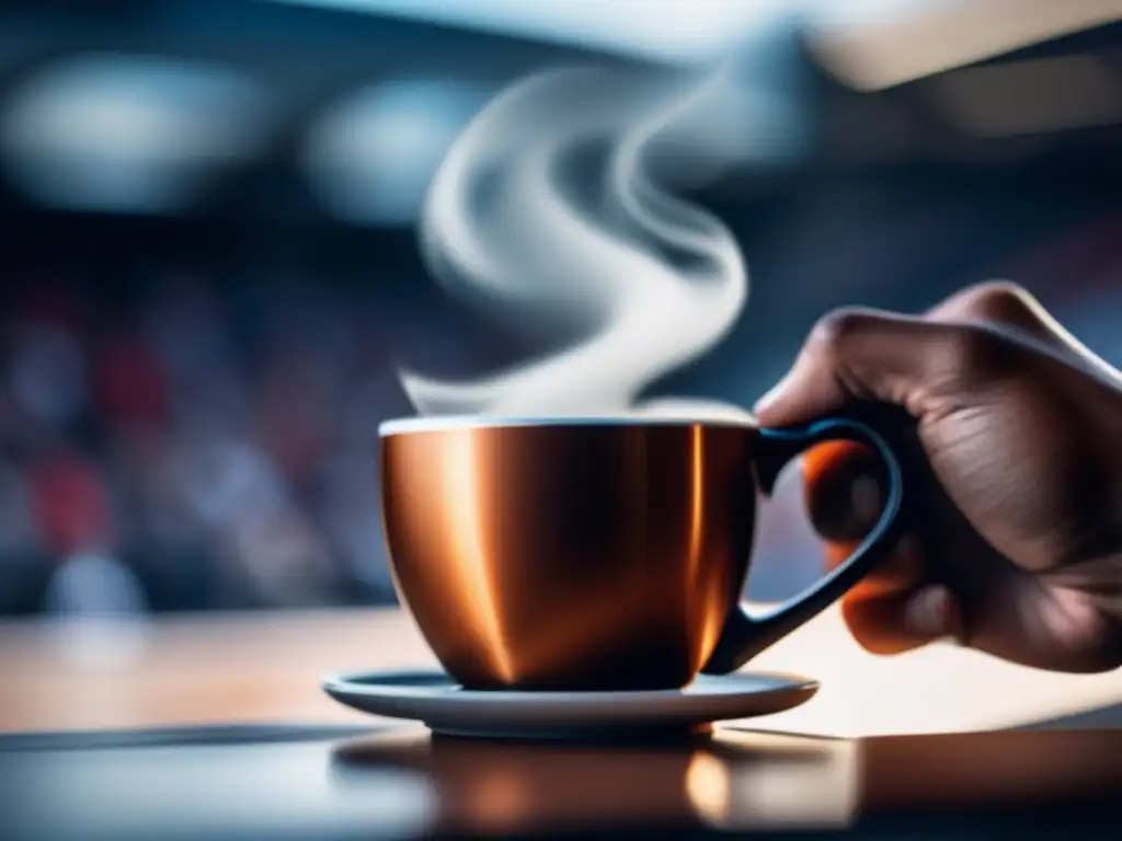 Un atleta sostiene con determinación una taza de café humeante, mostrando la conexión entre la cafeína y el rendimiento deportivo.