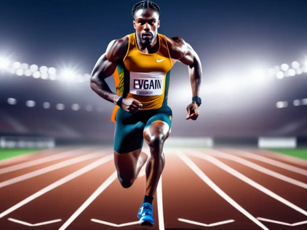 Un atleta vegano musculoso y dinámico, en plena carrera bajo las luces del estadio, muestra el poder del cuerpo. <b>Dieta vegana y rendimiento deportivo.