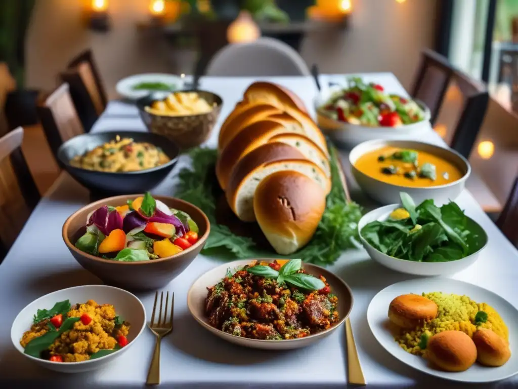 Un banquete multicultural rodeado de personas diversas disfrutando de la comida y la compañía, con influencia en hábitos alimenticios.