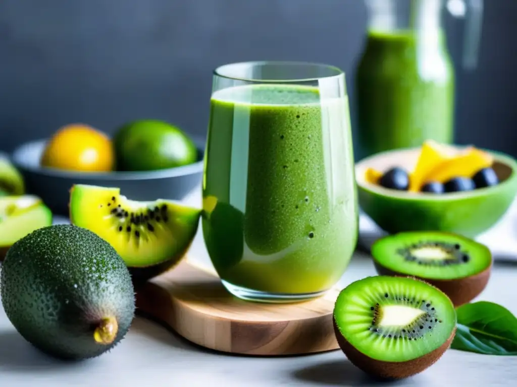 Un batido verde detox en vaso moderno, rodeado de ingredientes frescos y orgánicos en una encimera de mármol. La luz natural realza su frescura.