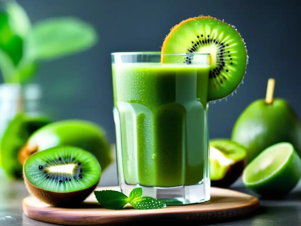 Un batido verde energético con kiwi, semillas de chía y hoja de menta, rodeado de vegetación fresca y gotas de agua.