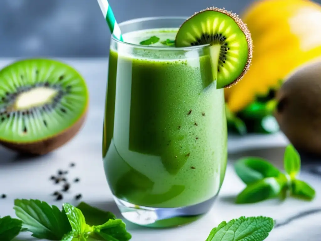 Un batido verde energético con kiwi, semillas de chía y menta en un vaso moderno sobre encimera de mármol. <b>Ideal para recetas de batidos verdes energéticos.