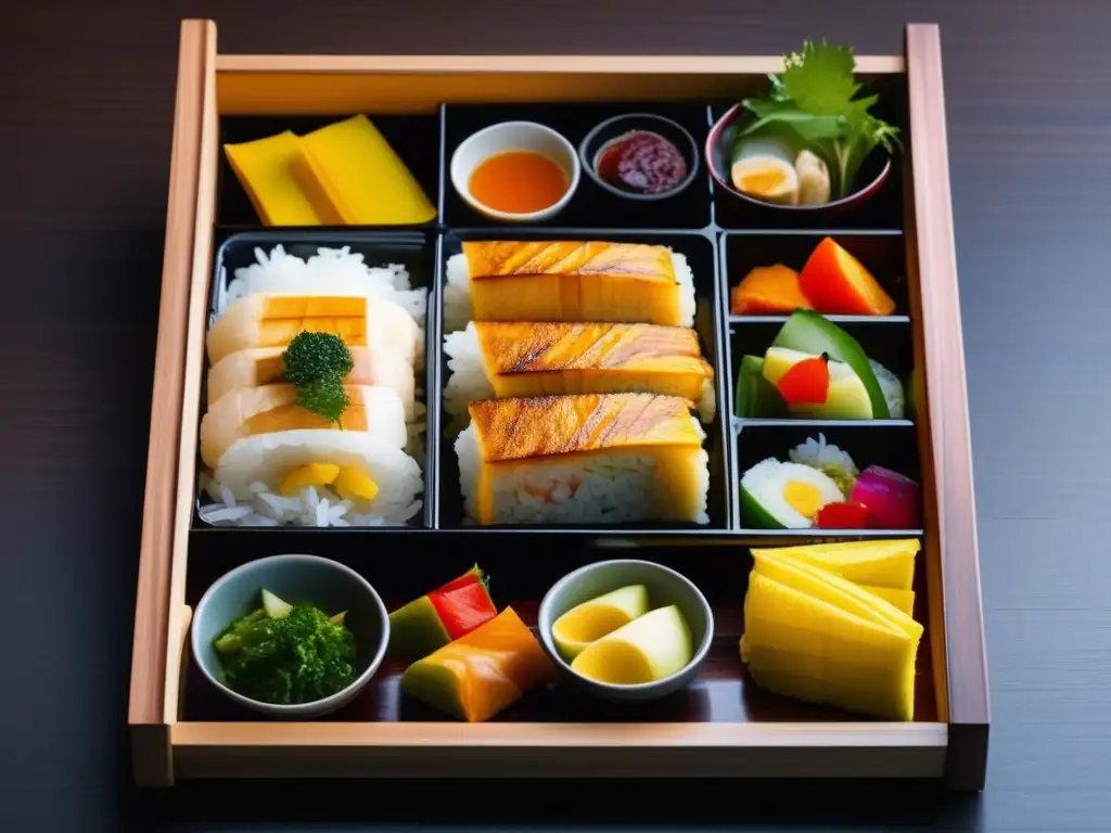 Un bento japonés tradicional con una variedad de platos coloridos y ordenados, destacando la importancia cultural de la comida y la artesanía culinaria. <b>Restricciones alimenticias culturas.