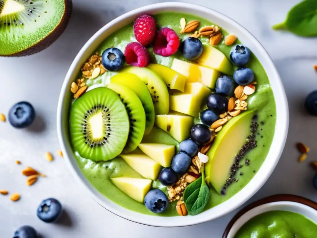 Un bol de smoothie verde vibrante con kiwi, arándanos, granola, semillas de chía y flores comestibles, rodeado de superalimentos para smoothies y ensaladas.
