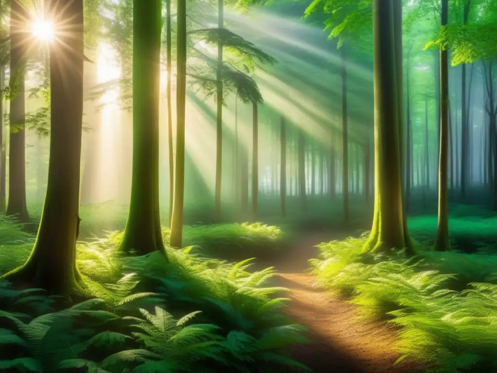 Un bosque exuberante y vibrante bañado en luz dorada. La vegetación exuda armonía y tranquilidad, promoviendo el veganismo y sostenibilidad ética.