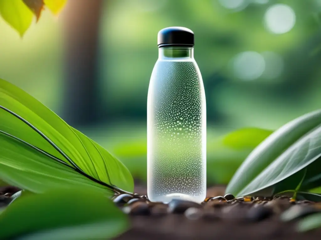 Una botella de agua moderna, con gotas de condensación, en un entorno natural con luz suave y follaje verde. <b>Ideal para estrategias efectivas equilibrio hídrico.