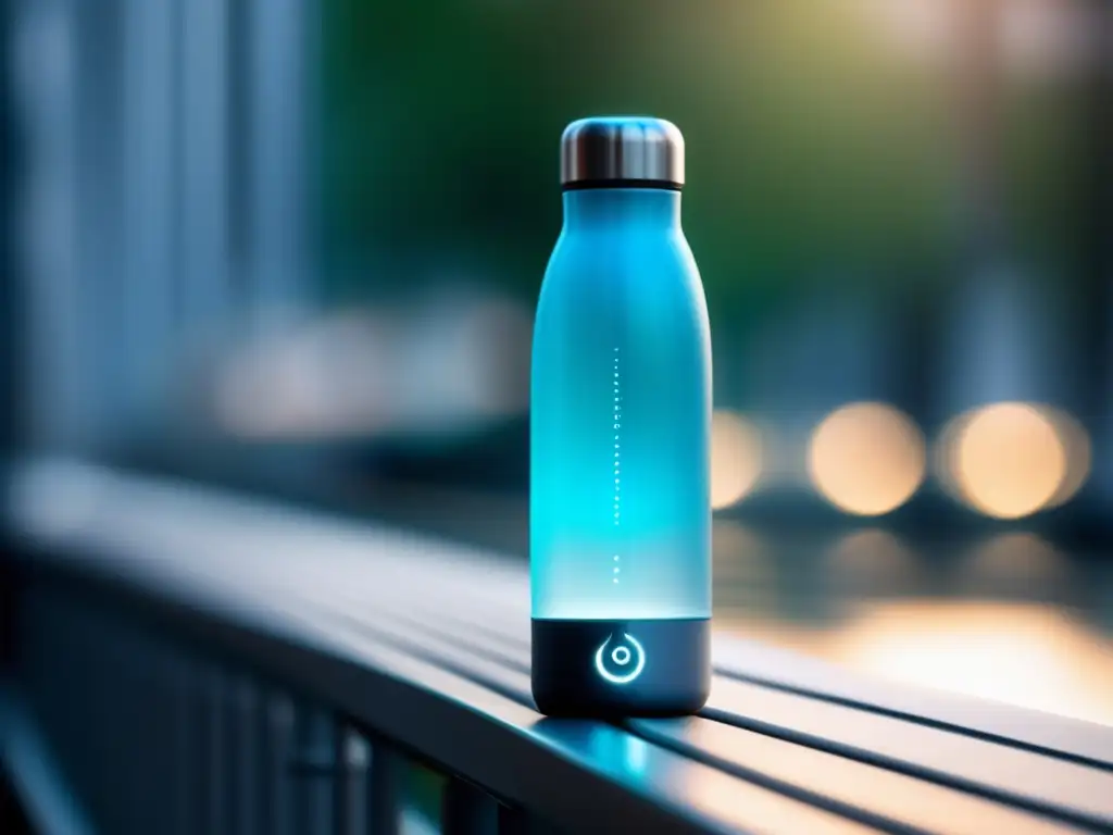Una botella de agua moderna y sofisticada con pantalla digital que muestra niveles de hidratación. <b>Importancia de apps de hidratación.