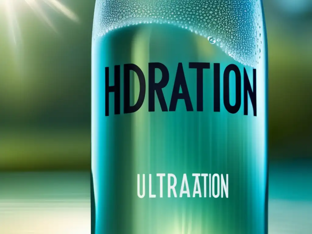 Una botella moderna de agua transparente con condensación, destacando la palabra 