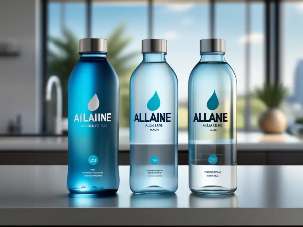 Dos botellas de vidrio, una con agua alcalina y la otra con agua regular, sobre una elegante encimera con luz natural. <b>Beneficios del agua alcalina.