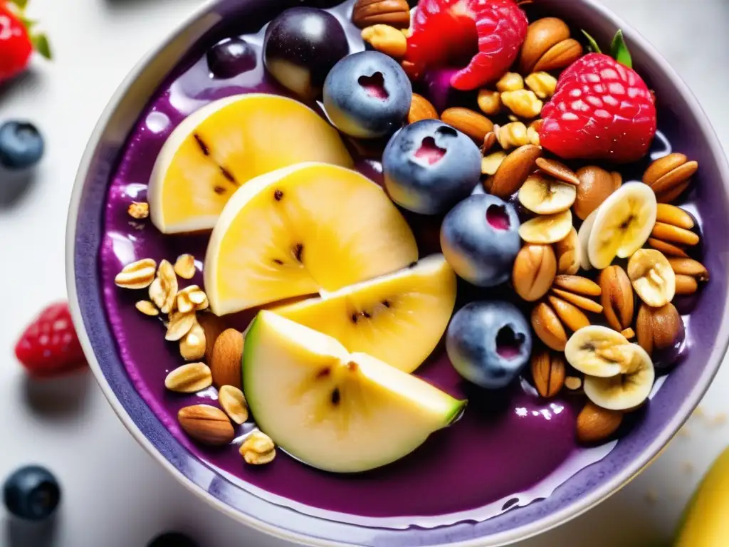 Un bowl de açaí vibrante, granola y frutas frescas sobre fondo blanco. <b>Desayunos saludables cerebro energía mental.