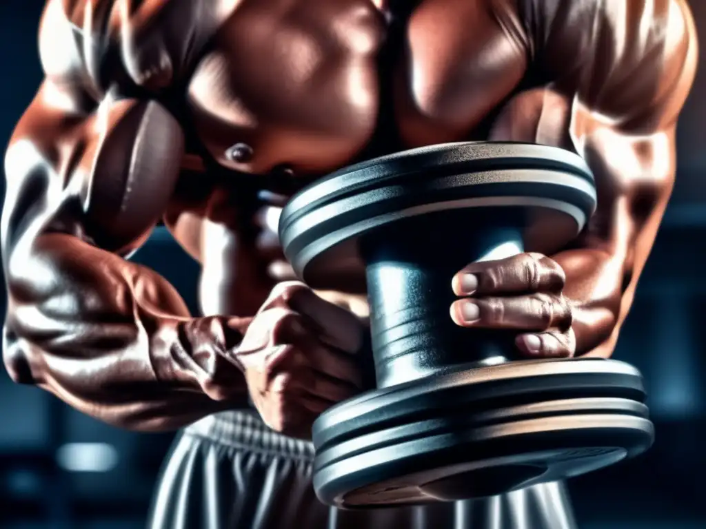 Un brazo musculoso levanta una pesada mancuerna en un gimnasio moderno. <b>La piel brilla con sudor y los músculos se destacan, transmitiendo fuerza y determinación.</b> <b>HMB beneficios ganancia muscular.