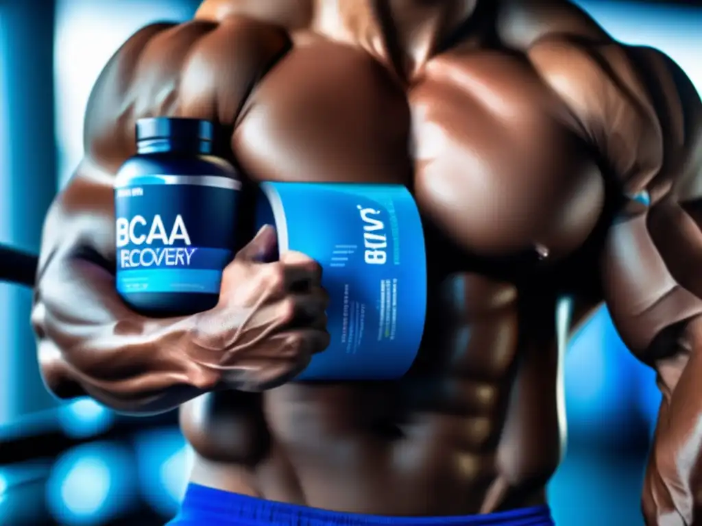 Un brazo musculoso con sudor brillante sostiene un bote de BCAA azul en un gimnasio moderno. <b>Importancia de BCAA en recuperación muscular.