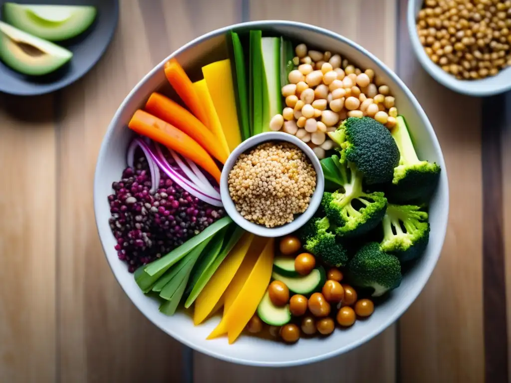 Un Buddha bowl vibrante y colorido, organizado en círculos, sobre una mesa de madera con luz natural. <b>Recetas para vida saludable emocional.