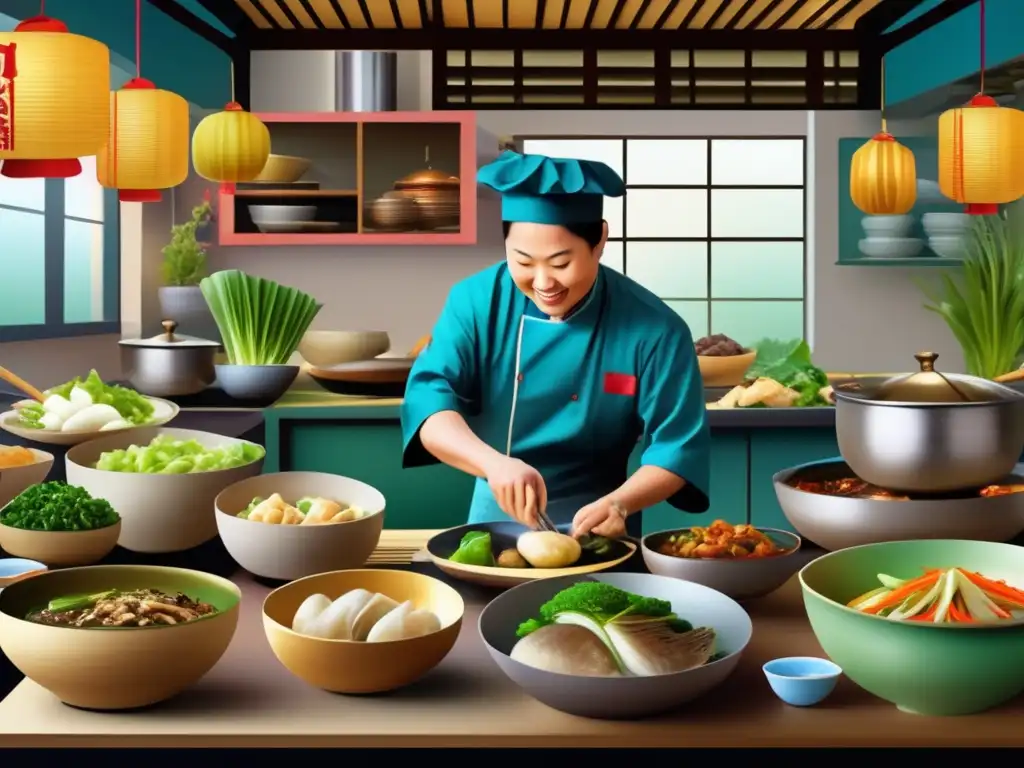 Cocina china tradicional: Chef preparando platos coloridos Un bullicioso y colorido escenario de una cocina tradicional china, donde un chef prepara con destreza recetas saludables de la gastronomía china tradicional, rodeado de ingredientes frescos y vibrantes. Una escena que destaca la belleza y excelencia culinaria de la cocina china.
