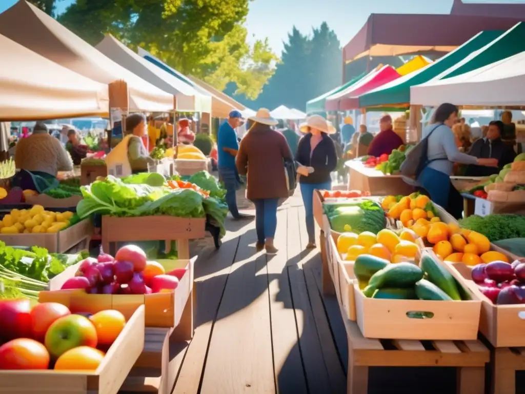Un bullicioso mercado de agricultores con frutas y verduras orgánicas coloridas, una multitud seleccionando productos. <b>Luz cálida y letrero de sostenibilidad.</b> <b>Dieta orgánica y sostenibilidad global.