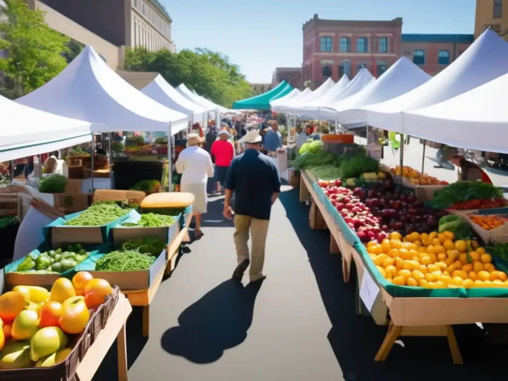 Un bullicioso mercado de agricultores lleno de productos frescos y coloridos. <b>Los puestos están decorados con toldos vibrantes y el ambiente rebosa de vida.</b> Compradores exploran la amplia gama de alimentos éticamente producidos, mientras chefs eligen cuidadosamente los ingredientes para sus menús. Al fondo, se vis