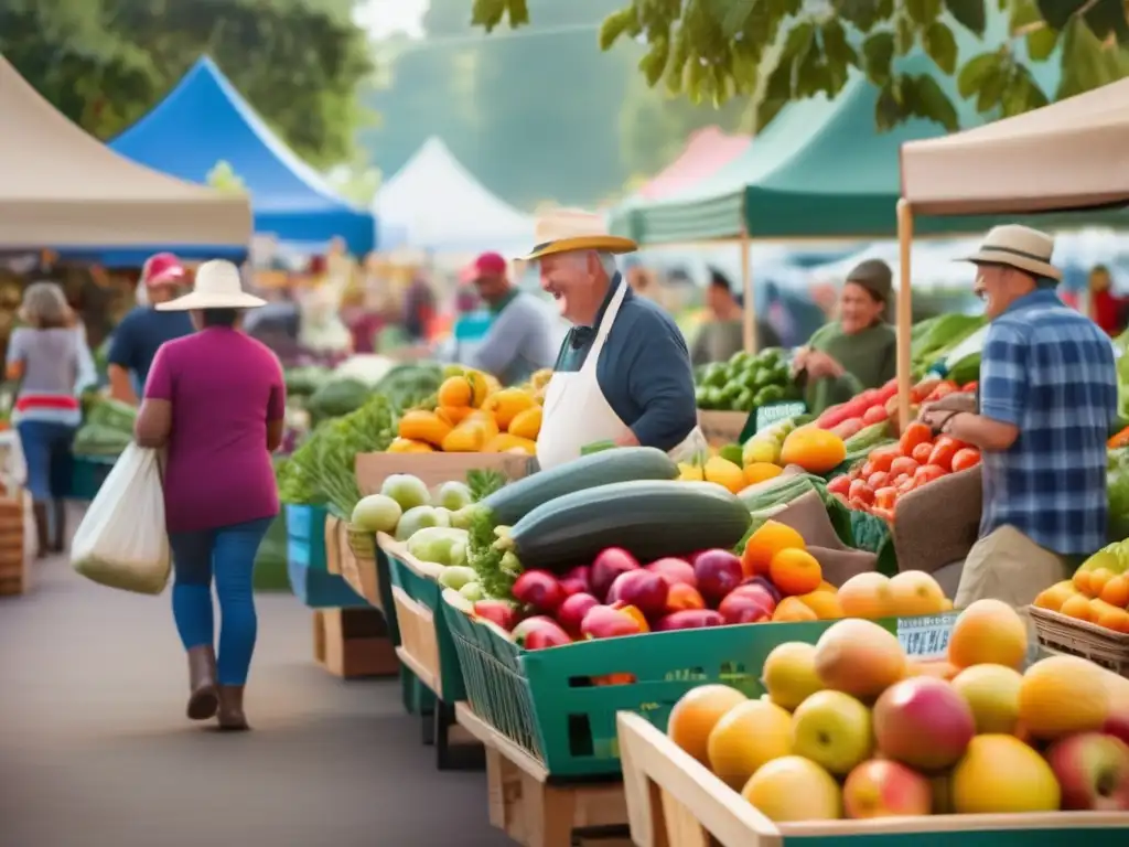 Un bullicioso mercado de agricultores locales con productos frescos y coloridos. <b>Importancia apoyar agricultores locales.