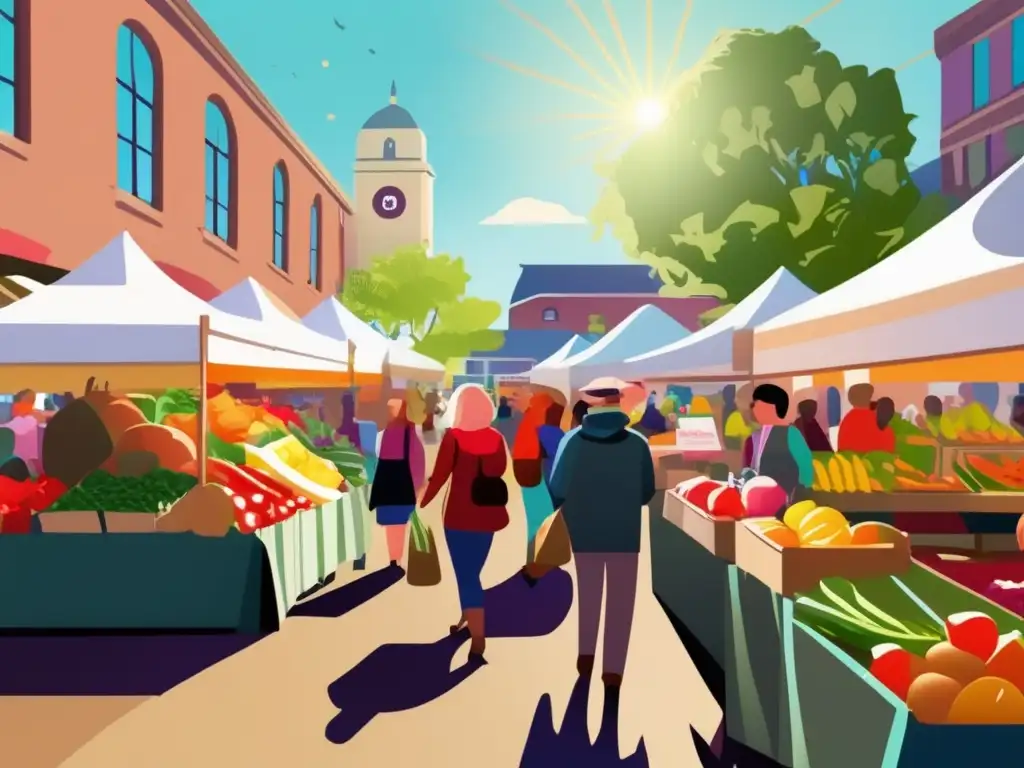 Un bullicioso mercado de agricultores rebosante de productos frescos y coloridos, con una atmósfera vibrante y una comunidad comprometida con el movimiento slow food alimentación saludable.