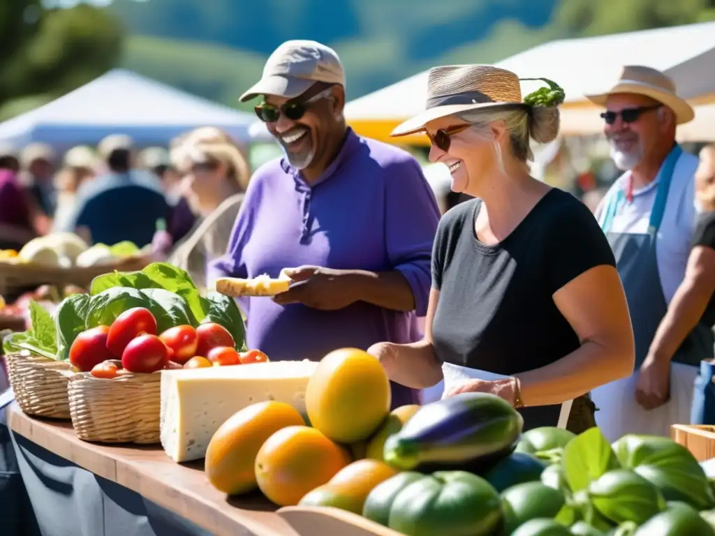 Un bullicioso mercado de agricultores rebosante de colores y sabores frescos, evocando un ambiente vibrante y comunitario, en sintonía con el movimiento slow food alimentación saludable.