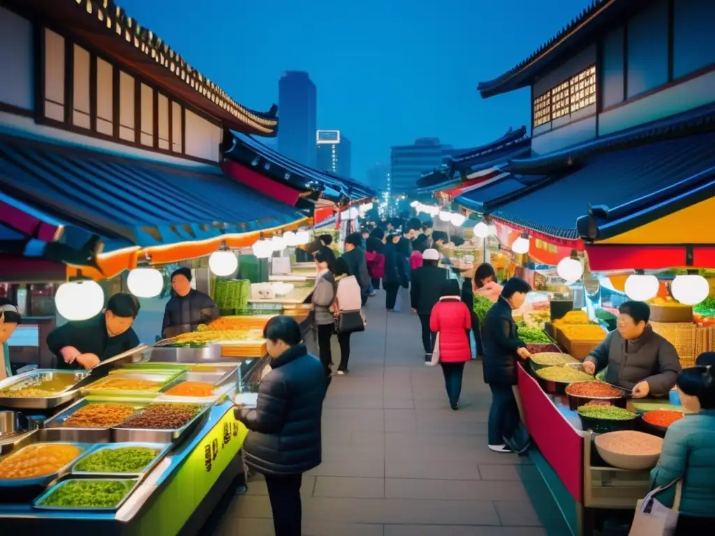 Un bullicioso mercado de alimentos en Seúl, Corea del Sur, con puestos coloridos vendiendo platos tradicionales y modernos. Muestra la influencia de la tradición asiática en la alimentación occidental con una variedad de sabores.