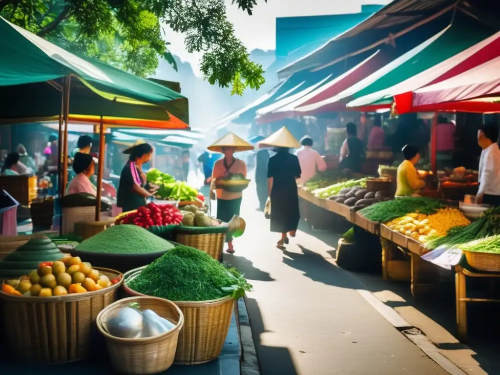 Un bullicioso mercado callejero vietnamita con coloridos puestos de hierbas frescas, frutas exóticas y especias. <b>Locales con sombreros cónicos y actividad frenética crean una atmósfera auténtica.</b> La luz del sol filtra a través del dosel de árboles, ilumin