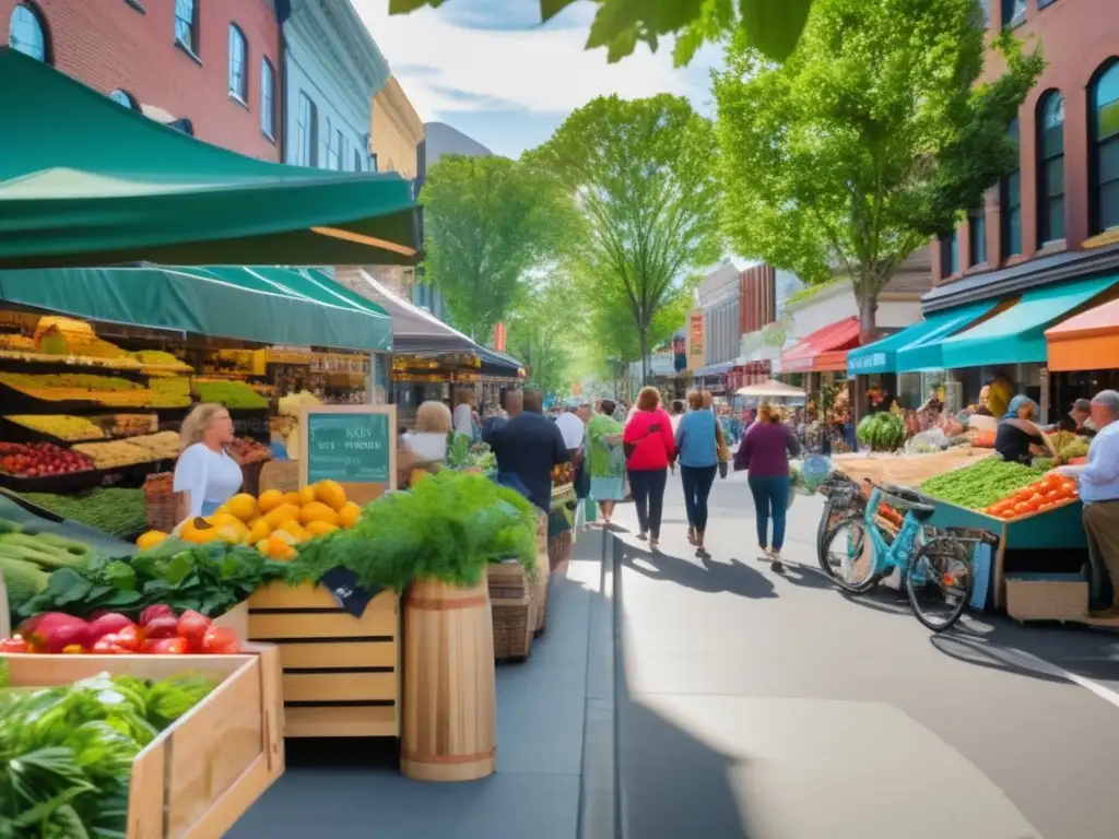 Vida urbana sostenible: diversidad, energía y comunidad Un bullicioso y vibrante escenario urbano, promoviendo el consumo local, la reducción de emisiones y la conexión comunitaria.